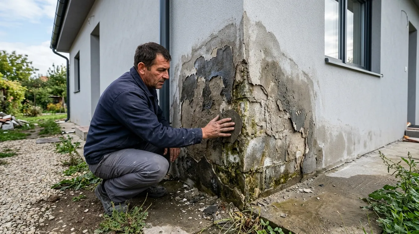Rosszul kivitelezett vízszigetelés miatt felvizesedett és málló vakolat egy családi ház lábazatánál